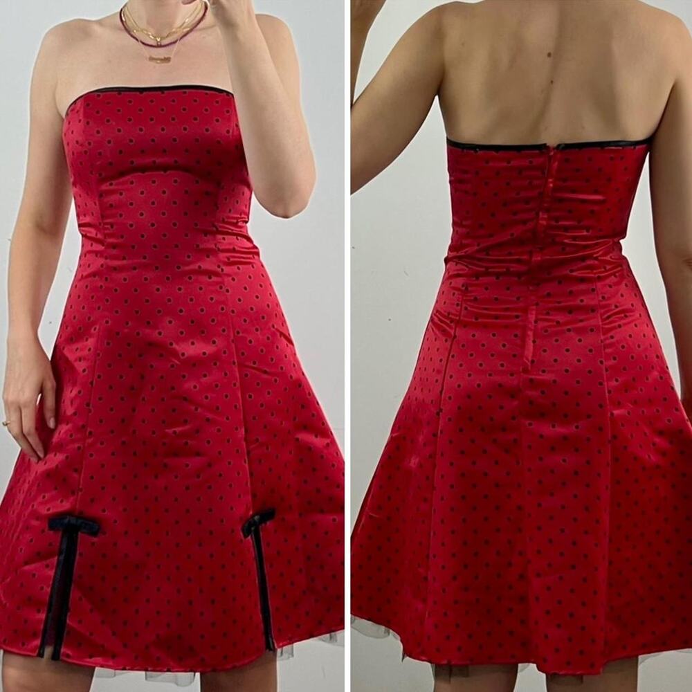 A. Byer Vintage Y2k Red Satin Polka Dot Strapless A-Line Dress